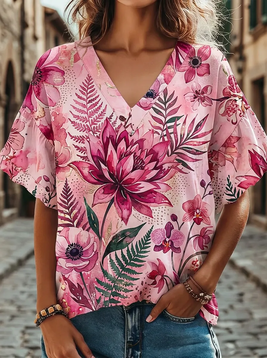 Women's Nashville Floral Fern Botanical Printed V-neck Top