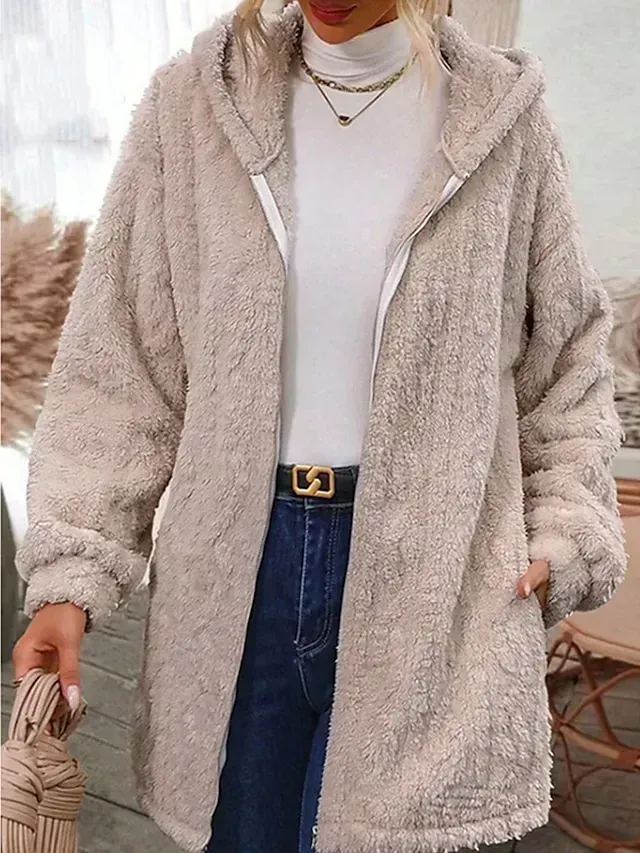 Women's Teddy Coat Fleece Sherpa Jacket Thermal Warm Open Front Hoodie Jacket Winter Coat Windproof Heated Jacket Outerwear Long Sleeve Fall White Cream