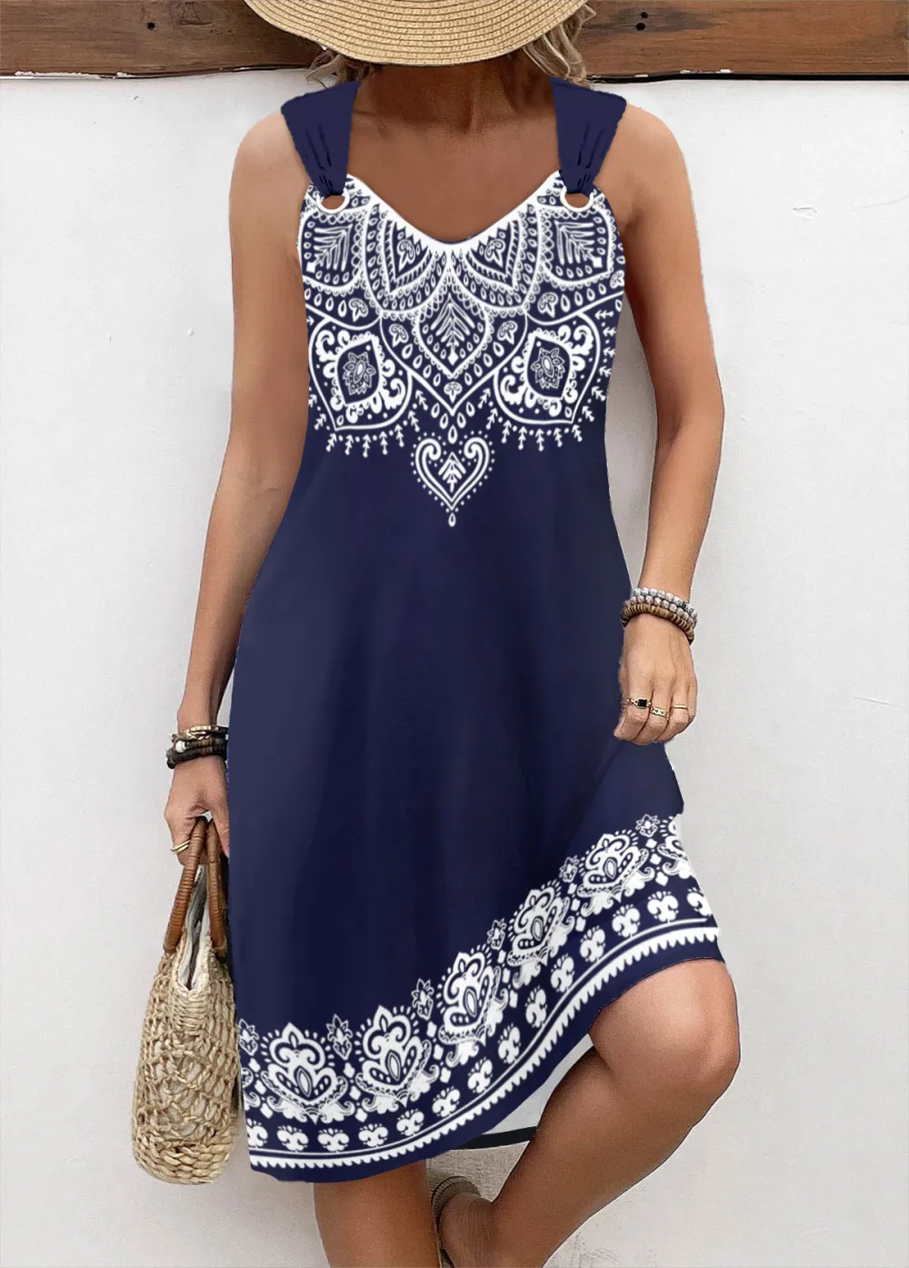 Navy Breathable Tribal Print A Line Sleeveless Dress