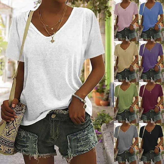 Women's Blouse T shirt Tee Basic Plain Daily V Neck T-shirt Sleeve Regular Summer White Black Blue Purple Dark Red
