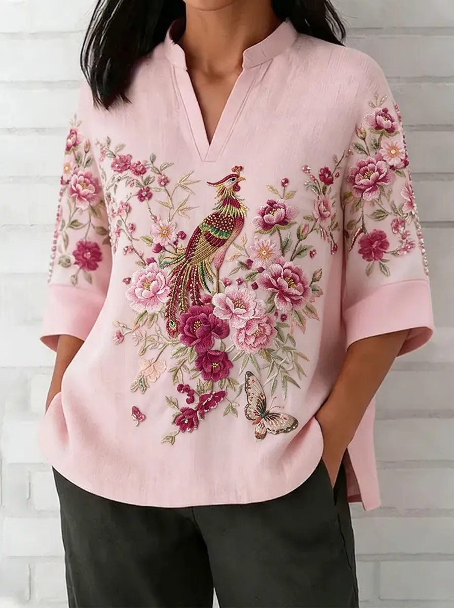 Women's Nashville Floral Phoenix Butterfly Printed V-neck Top