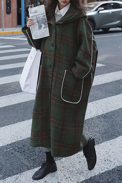 Vintange Plaid Front Pockets Long Hooded Coat
