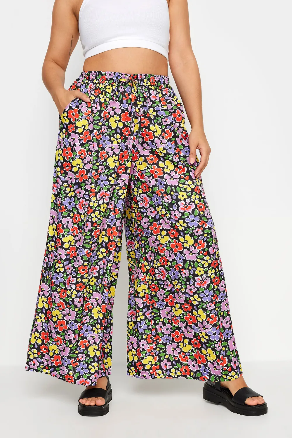 Yours Curve Black Leaf Print Drawstring Wide Leg Trousers