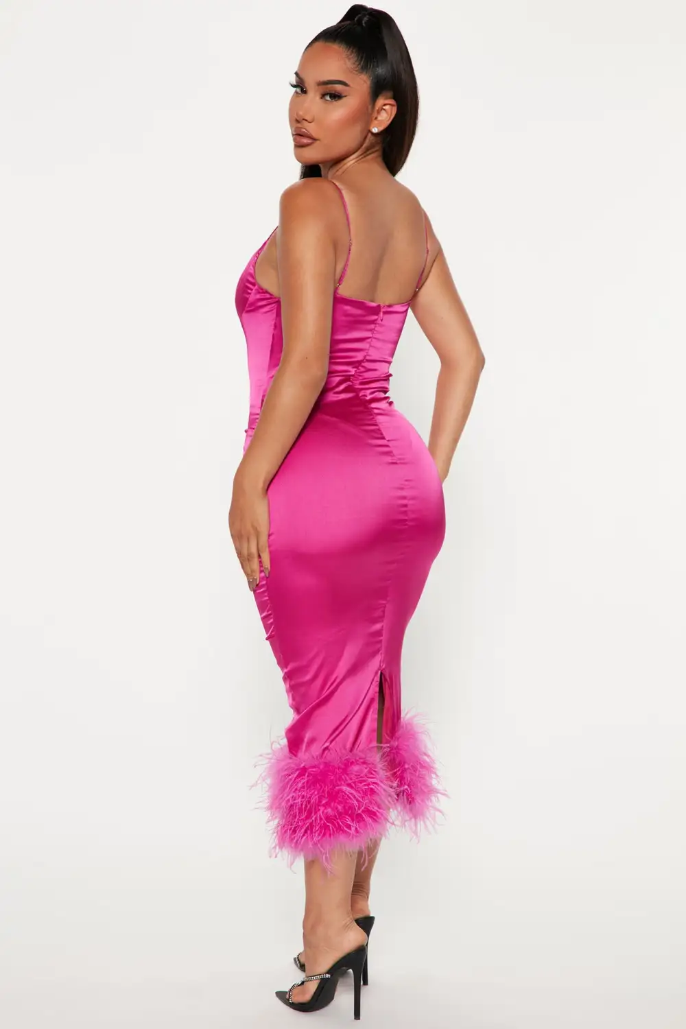 Party Night Feather Midi Dress - Magenta