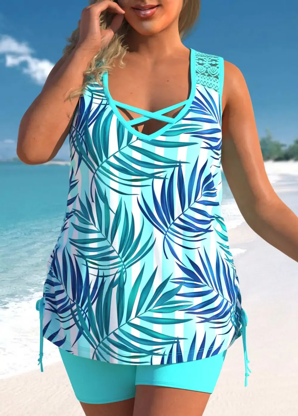 Floral Print Black Cross Strap Tankini Set