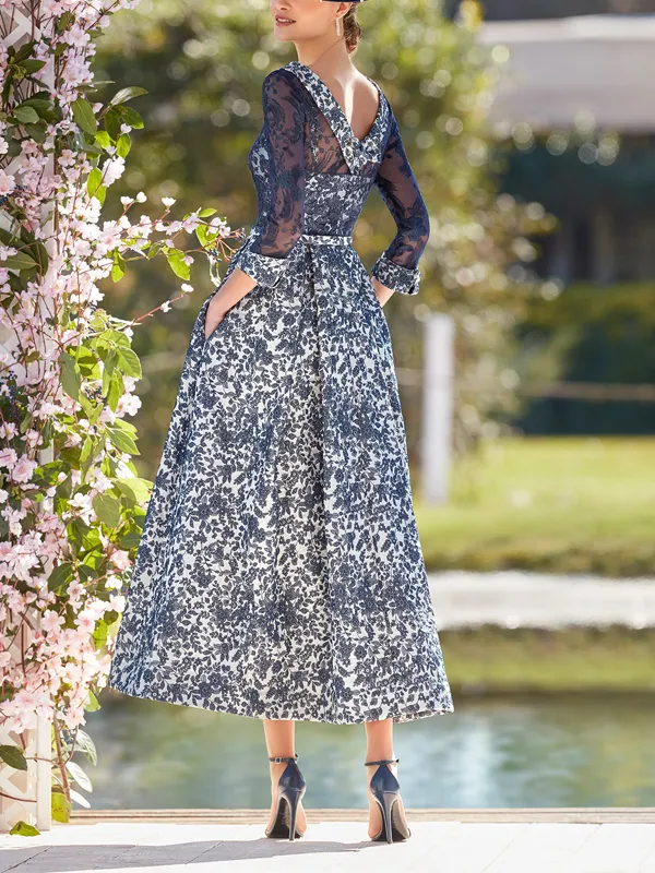 Round Neck Lace Print Midi Dress