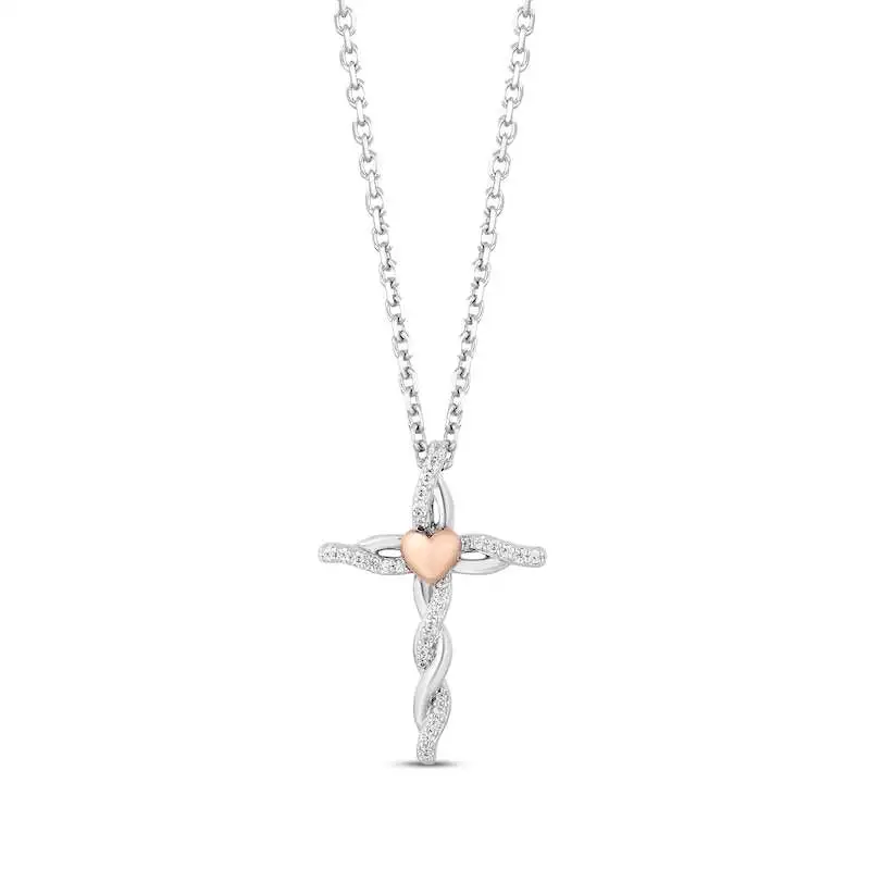 Hallmark Diamonds Cross Necklace 1/10 ct tw Sterling Silver & 10K Rose Gold 18