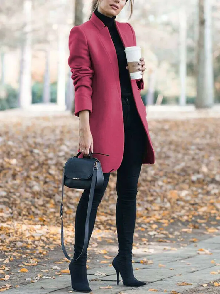 Casual Solid Color Stand Collar Long Coat