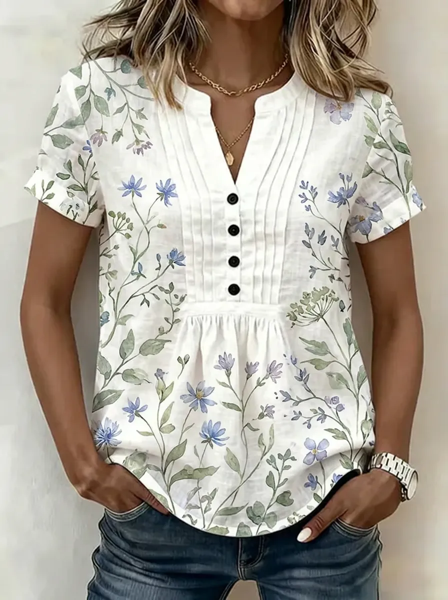 Women's Nashville Botanical Wildflower Printed V-Neck Top