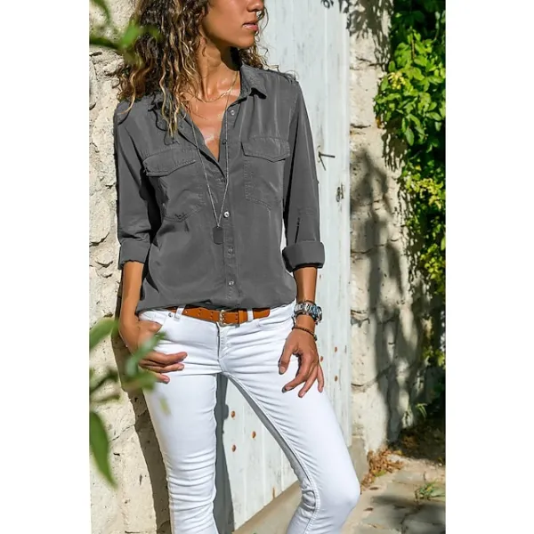 Women's Shirt Blouse Pocket Lapel Collor Long Sleeve Women‘s Clothing Solid Color Daily Basic