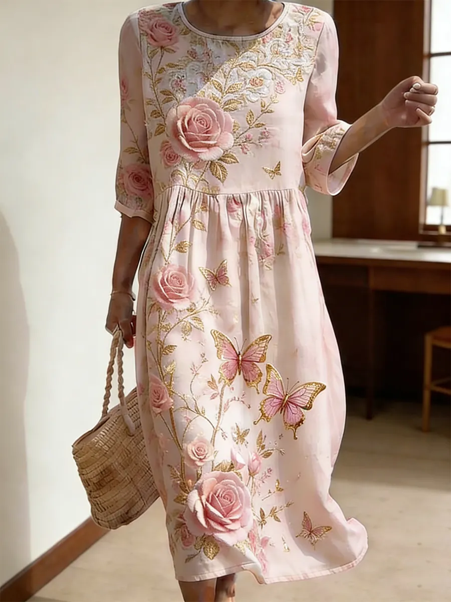 Women's Retro Spring/Summer Gold Embroidered Rose Butterfly Pattern Linen Blended Dress