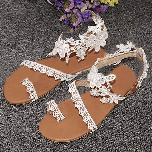 Women's Wedding Shoes Sandals Boho Bohemia Beach Flat Sandals Plus Size Wedding Daily Beach Solid Color Embroidered Wedding Flats Wedding Sandals Bridal Shoes Summer Flower Flat Heel Open Toe Elegant
