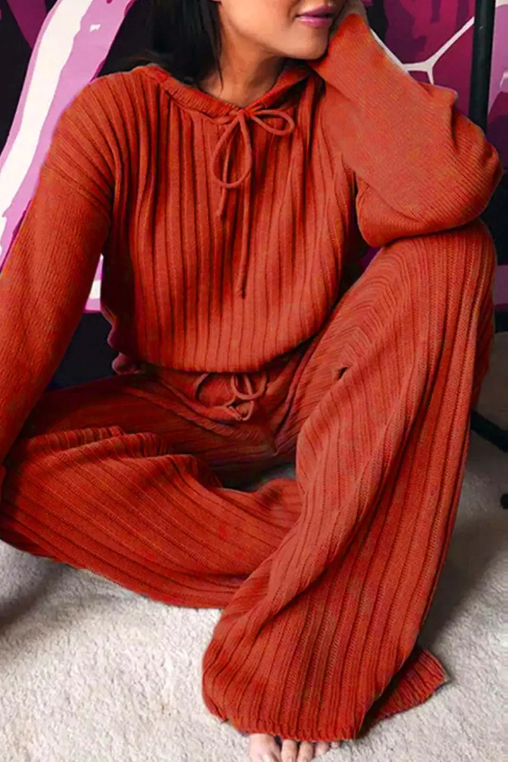 Ribbed Drawstring Hoodie Long Pants Set