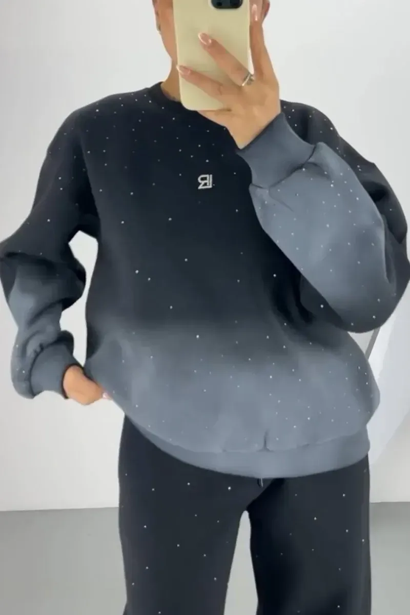 Women's Casual Rhinestone Embellished Ombre Crew Neck Top and Pants Two-Piece Set