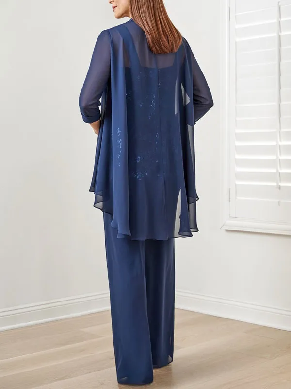 Suit Sequined Chiffon Embroidered Top + Chiffon Long Pants