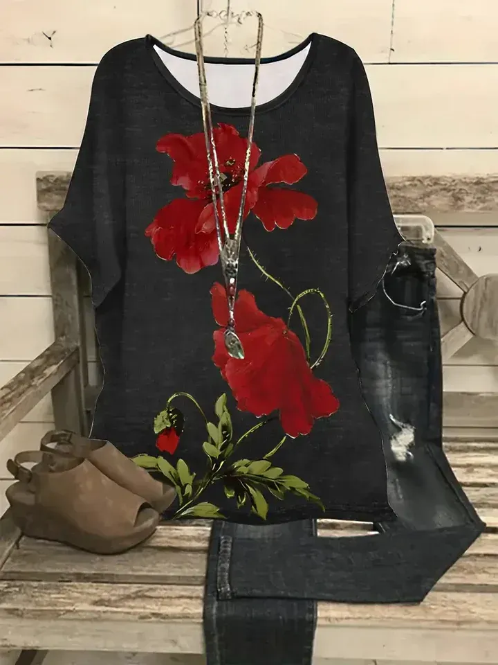 (Clearance Sale⚡)Crew Neck Floral Casual Red Flower Batwing Sleeve Slit Tops