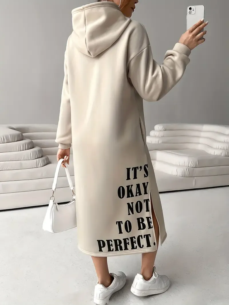 Women's Letter Print Drawstring Hooded Sweatshirt Dress, Long Sleeve Loose Casual Fall Winter Dress