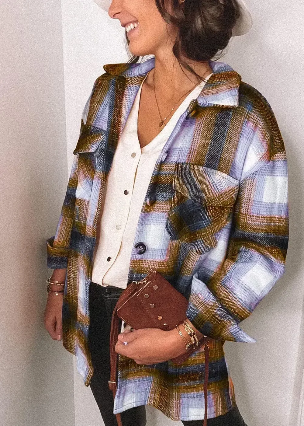 Women's 2023 Fall Clothes Plaid Shacket Jacket Long Sleeve Button Down Flannel Shirts Fashion Blouse