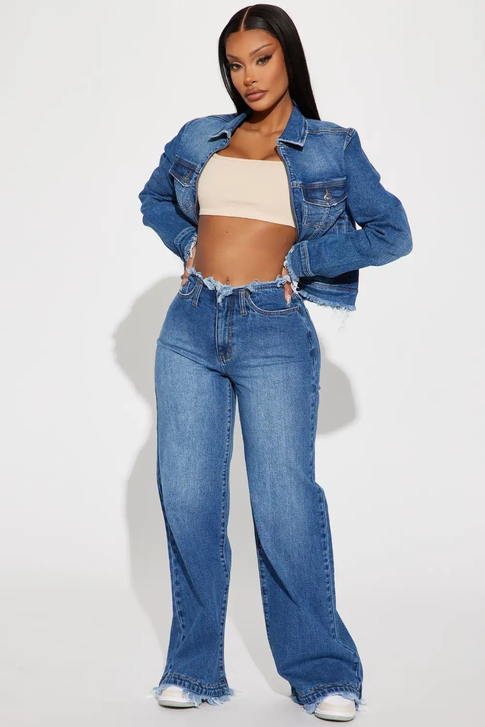 Come And Get It Cut Off Waistband Wide Leg Jean - Medium Wash