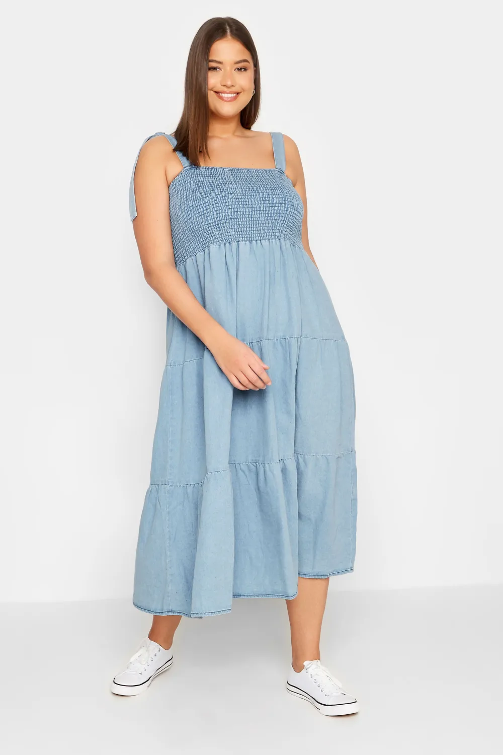 LTS Tall Blue Denim Shirred Tiered Midi Dress