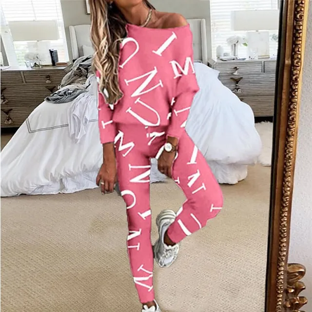 Women's Letter Print Lounge Sets Sweatsuit 2 Pcs  Crew Neck Long Sleeve Tops & Slim Pants Outfits Sport Comfort Home Street Vacation Polyester Off Shoulder Fall Winter S 2XL Black White