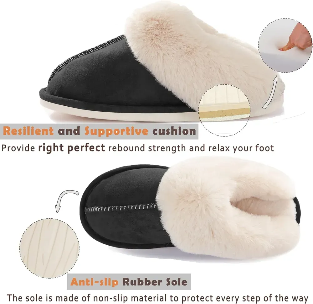 Womens Slipper with Memory Foam Fluffy Soft Warm Slip On House Slippers Anti-Skid Cozy Plush for Indoor Outdoor