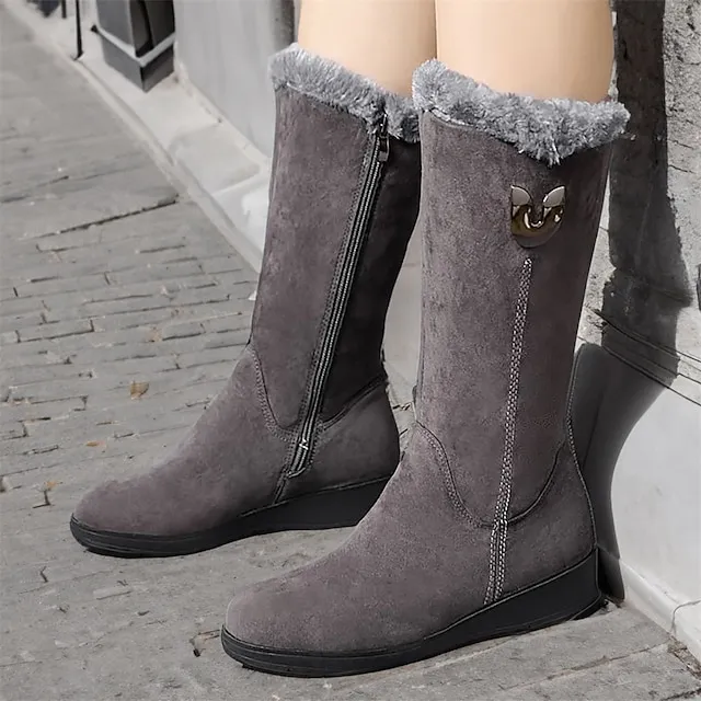 Women's Boots Suede Shoes Snow Boots Furry Feather Athletic Walking Fleece Lined Mid Calf Boots Winter Buckle Zipper Flat Heel Wedge Heel Round Toe Vintage Plush Classic Faux Suede Zipper Solid Color