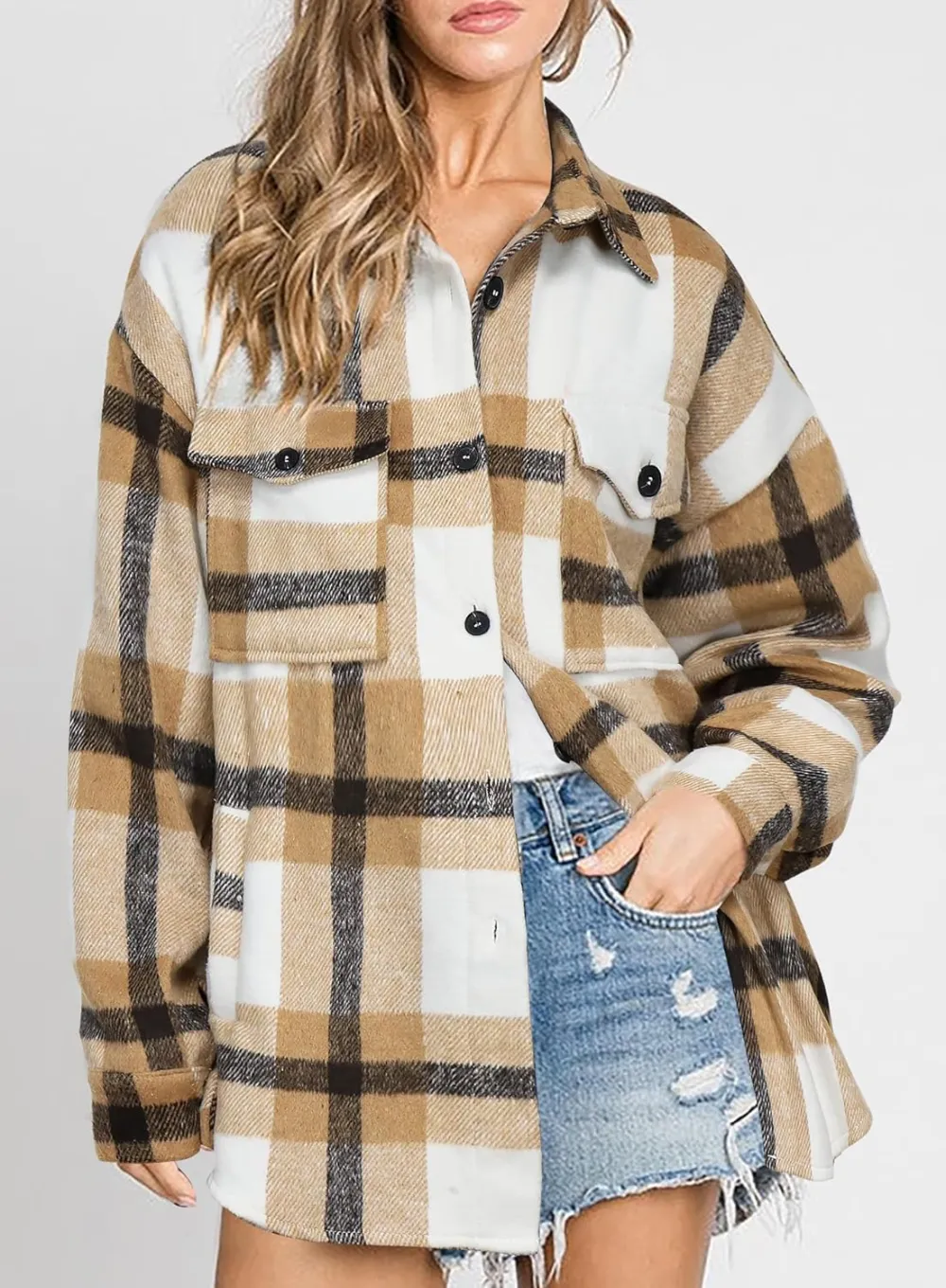 Women's Flannel Plaid Shacket Long Sleeve Button Down Chest Pocketed Shirts Jacket Coats