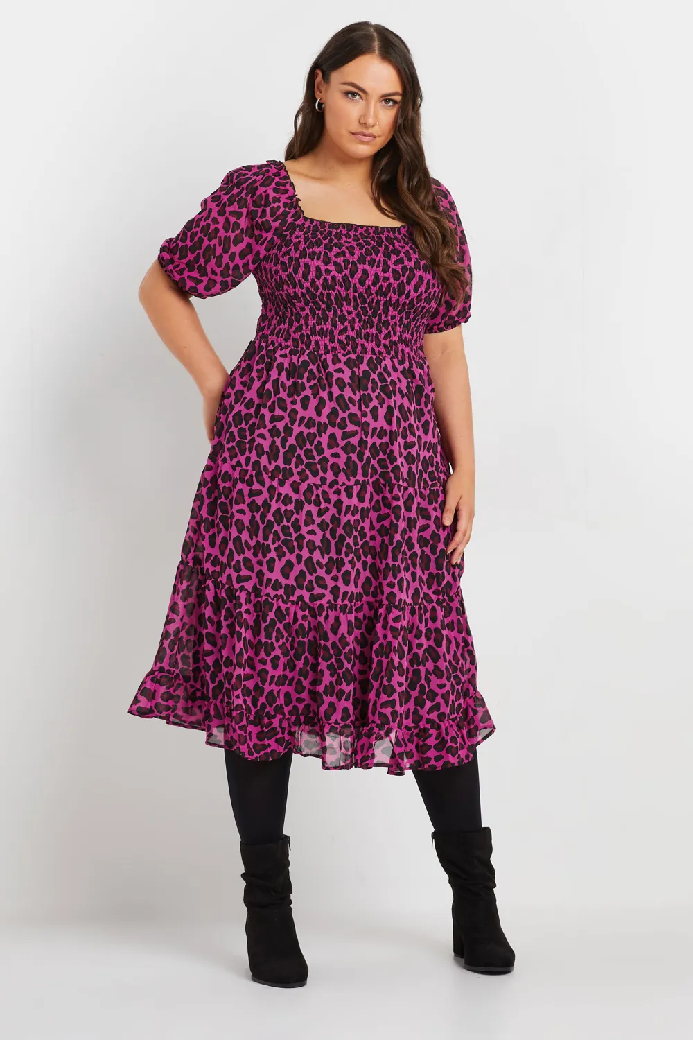 YOURS Curve Hot Pink Leopard Print Midi Shirred Dress