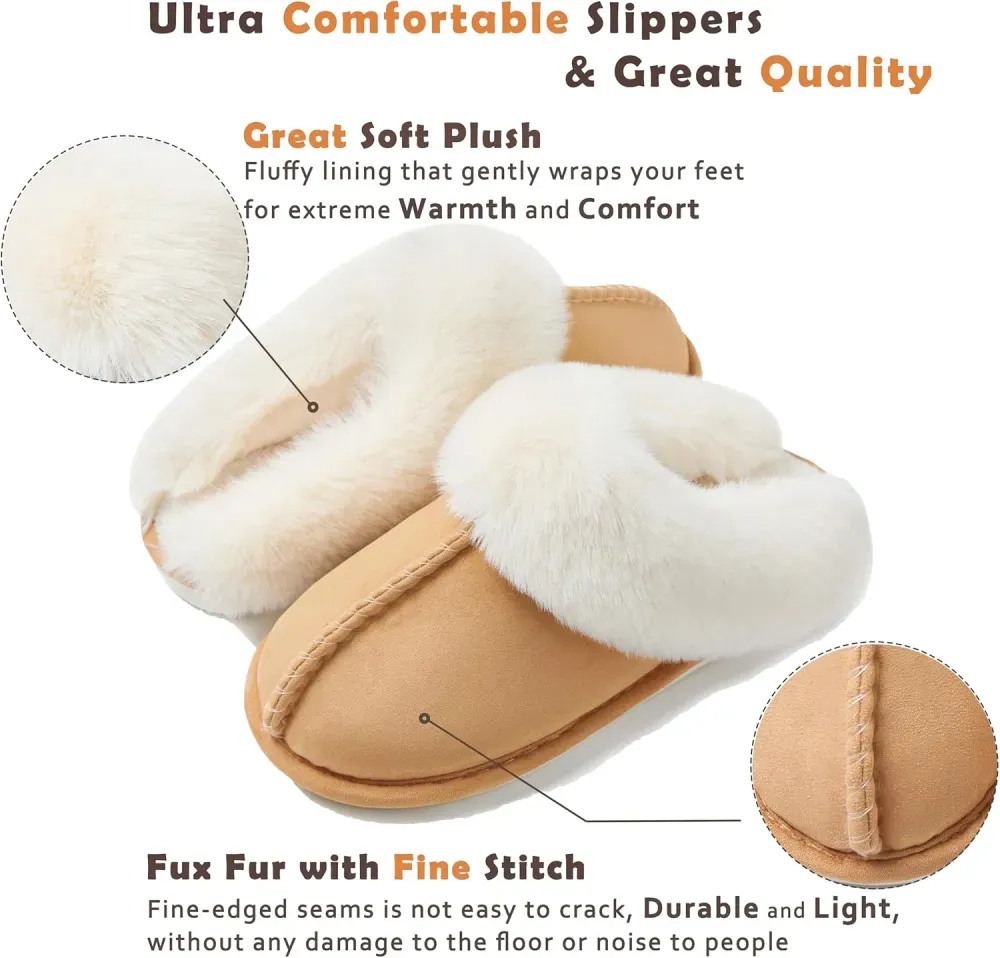 Womens Slipper with Memory Foam Fluffy Soft Warm Slip On House Slippers Anti-Skid Cozy Plush for Indoor Outdoor