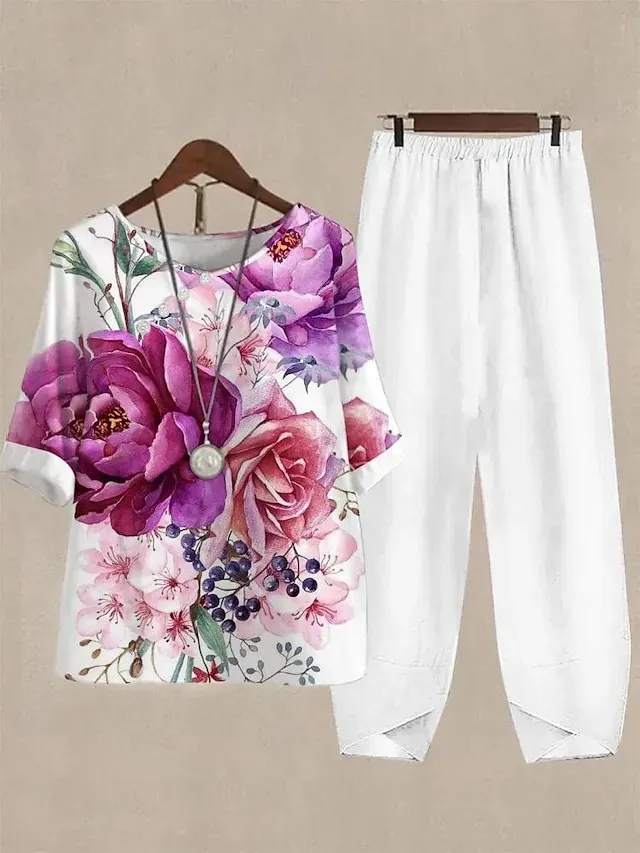 Women's Shirt Pants Sets Pants Trousers Basic White Pink Casual Daily Floral Print Crew Neck S M L XL 2XL