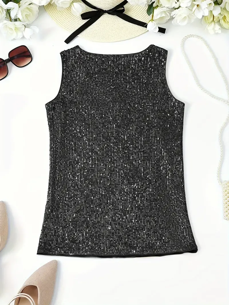 Sequined V Neck Tank Top, Elegant Sleeveless Tank Top For Spring & Summer, Women's Clothing