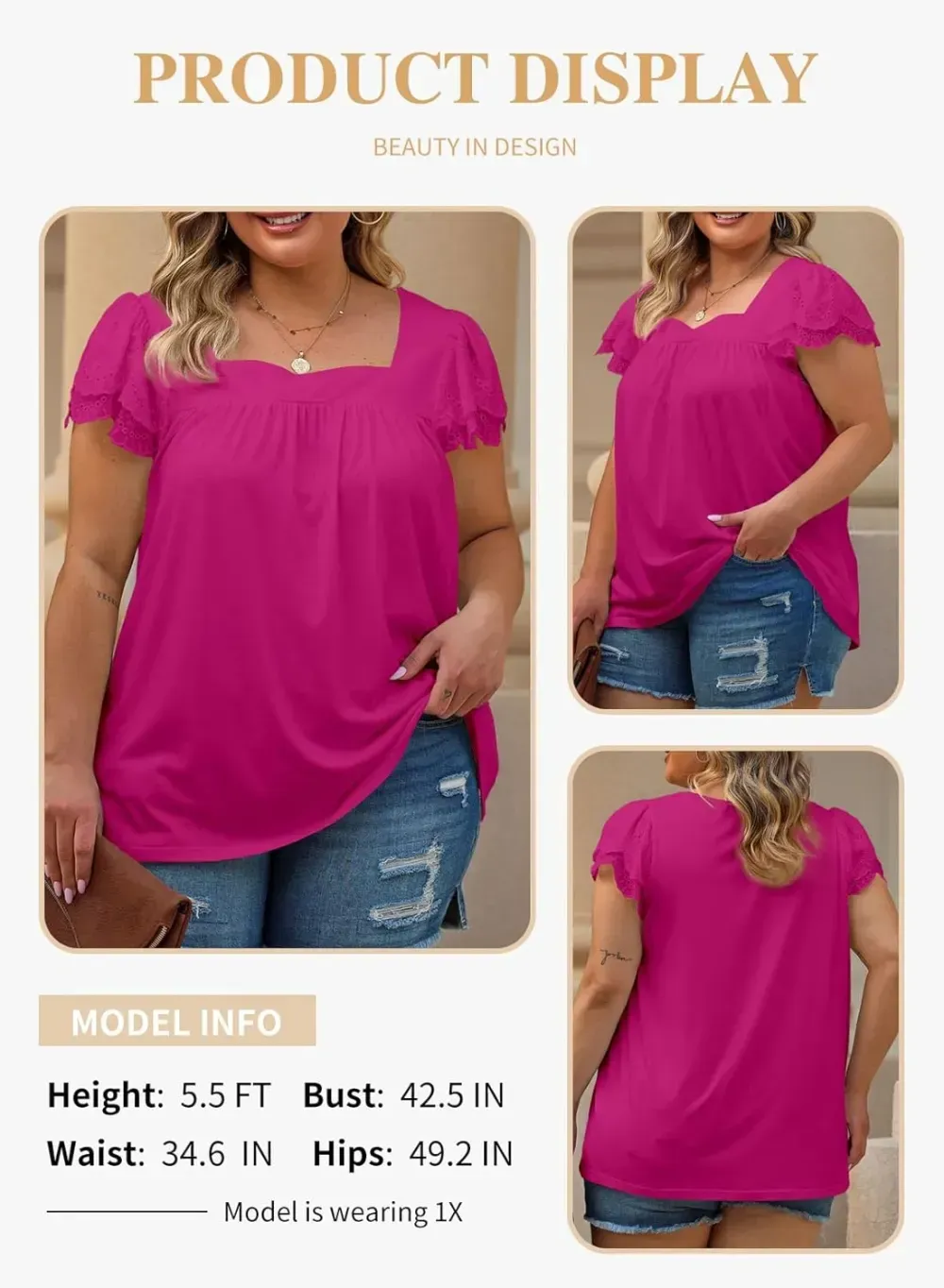 Eytino Womens Plus Size Tops Ruffle Short Sleeve Square Neck Summer Loose Casual Tee Shirts(1X-5X)