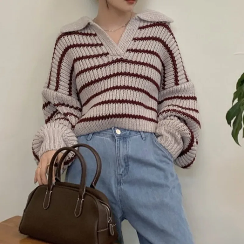 V Neck Striped Lapel Knitted Sweater