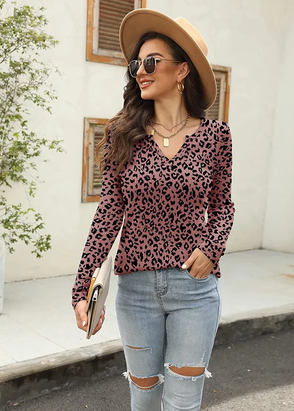 Women's V Neck Waffle Knit Henley Tops Casual Long Sleeve Pullover Sweater Blouses