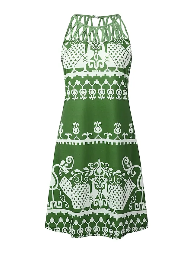 Women's Casual Dress Shift Dress Mini Dress Black Green Dark Blue Sleeveless Floral Ruched Spring Summer Halter Vintage Birthday Daily Ethnic Dress 2023 S M L XL XXL 3XL