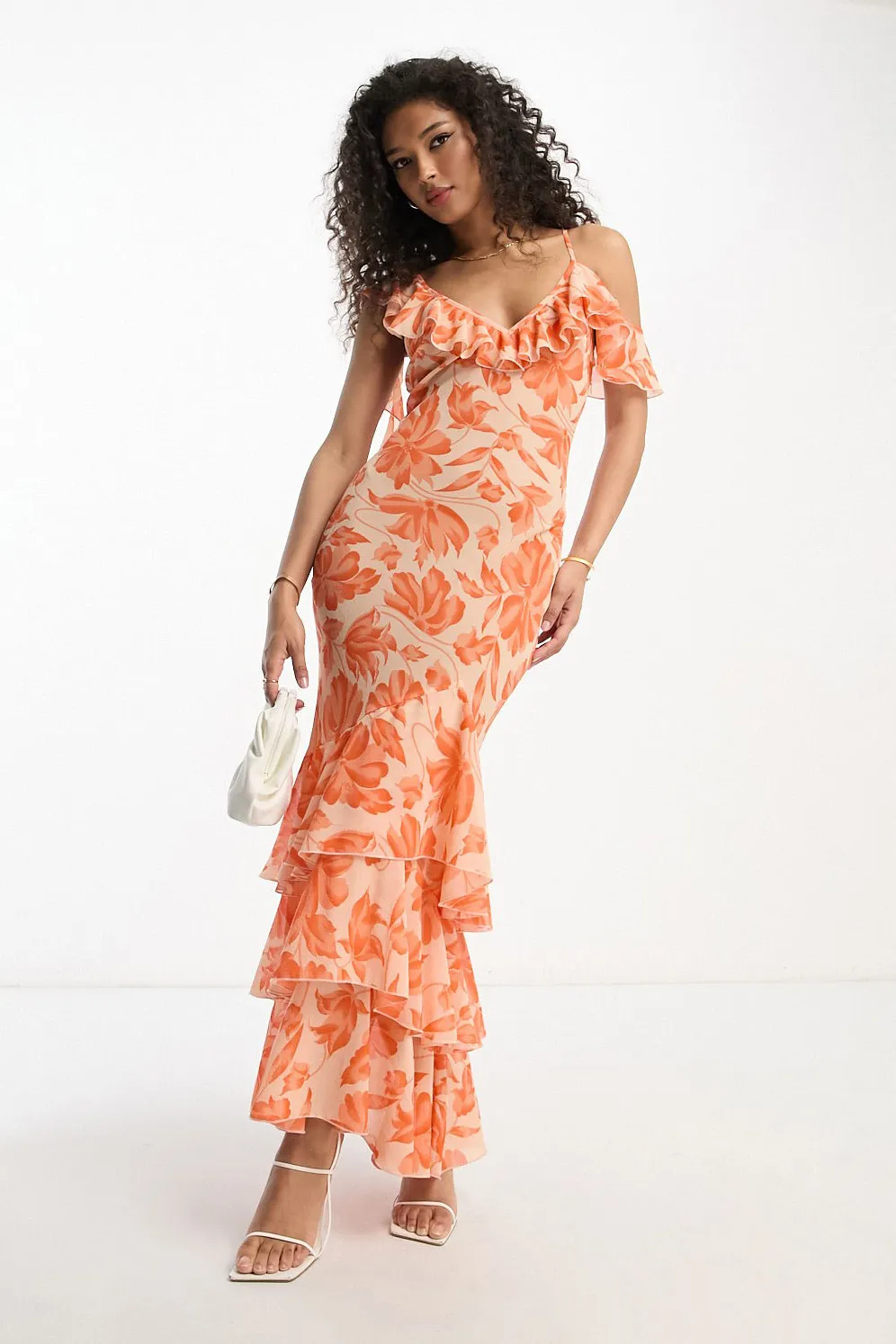 Sheer Ruffle Shoulder Asymmetric Hem Maxi Dress-Orange