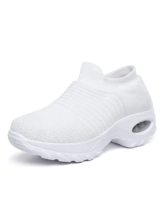 Sports Color Block Breathable Slip On Block Heel Fly Woven Shoes