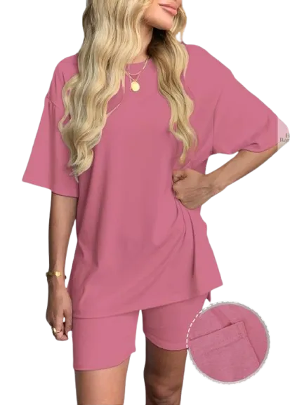 Women's Solid Color Tee & Shorts Loungewear Set