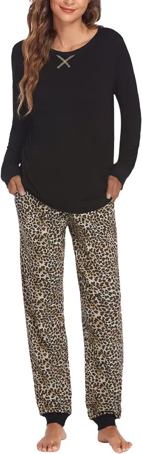 Women's Pajamas Sets Long Sleeve with Plaid Pants Soft Sleepwear O Neck 2 Piece Pjs Joggers Loung Set with Pockets