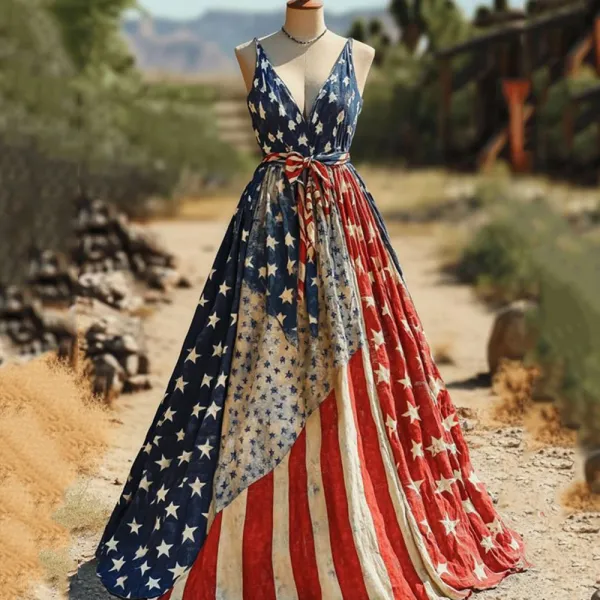 Women's Vintage Independence Day Flag Sleeveless Maxi Dress