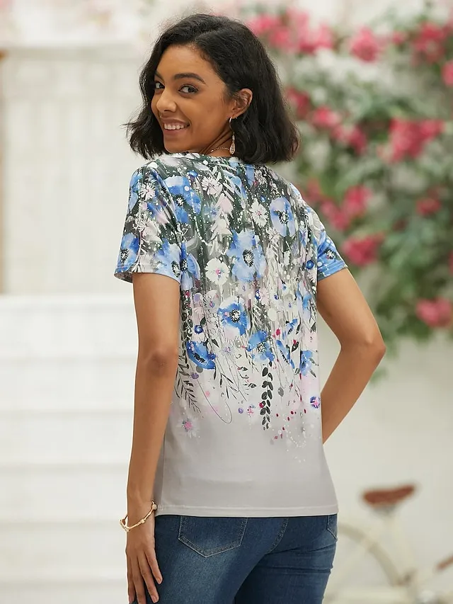 Women's T shirt Tee Floral Holiday Weekend Pink Blue Green Print Short Sleeve Basic V Neck Regular Fit