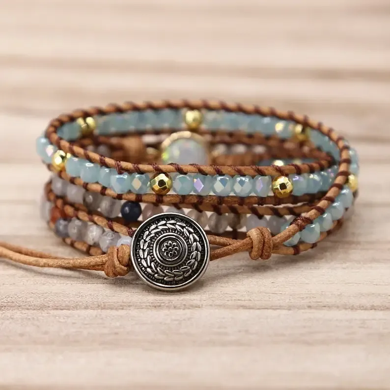 Healing Opal Protection Bracelet-Opal Stone Bead Meditation Bracelet-Natural Opal Moonstone Inspiring Bracelet-Leather Wrap Bracelet Gift