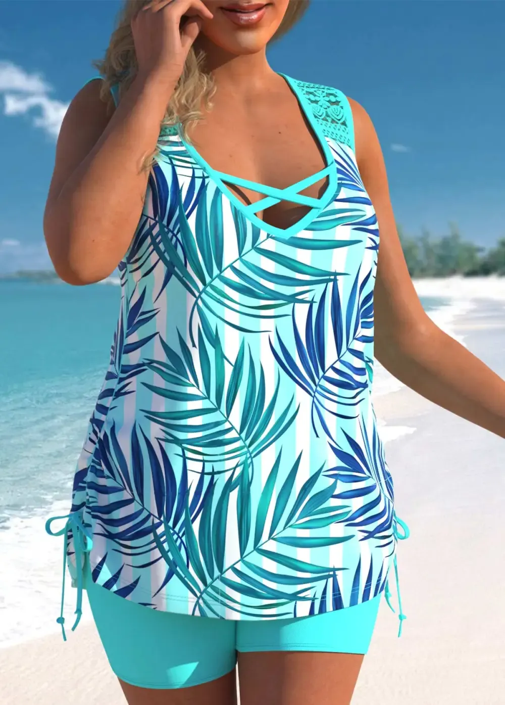 Floral Print Black Cross Strap Tankini Set