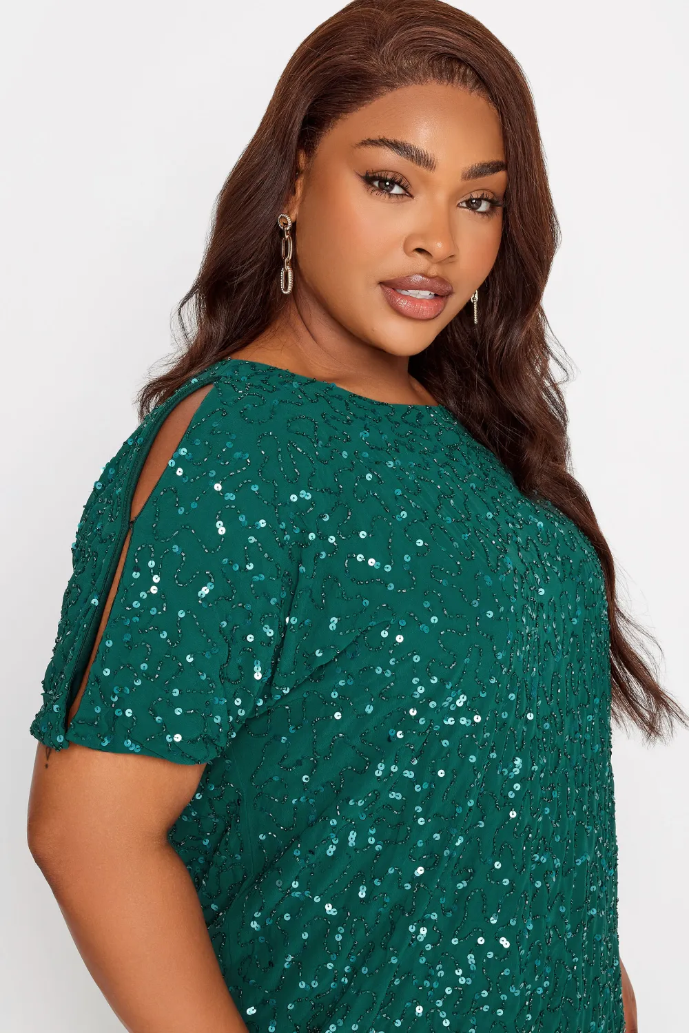 LUXE Curve Teal Green Sequin Hand Embellished Cape Dress