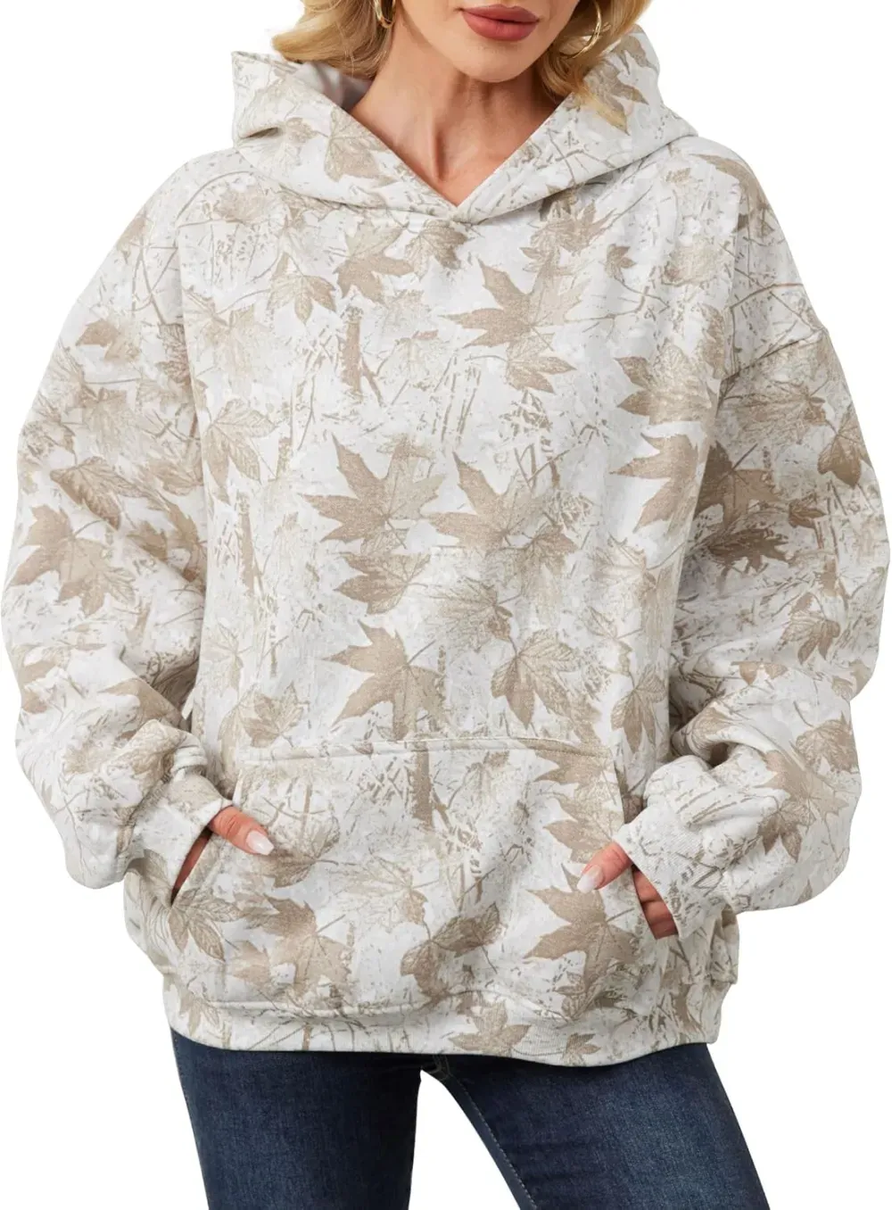Womens Camo Hoodies Maple Leaf Print Oversized Hooded Sweatshirt Fleece Pullover Sweatshirts Long Sleeve with Pocket