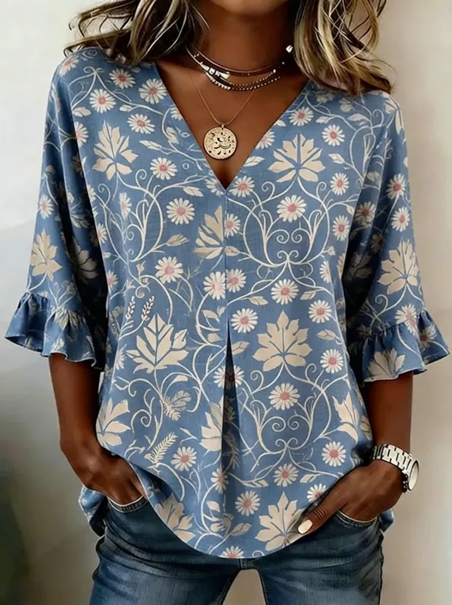 Women's Nashville Floral Daisy Printed V-neck Ruffle Sleeve Top