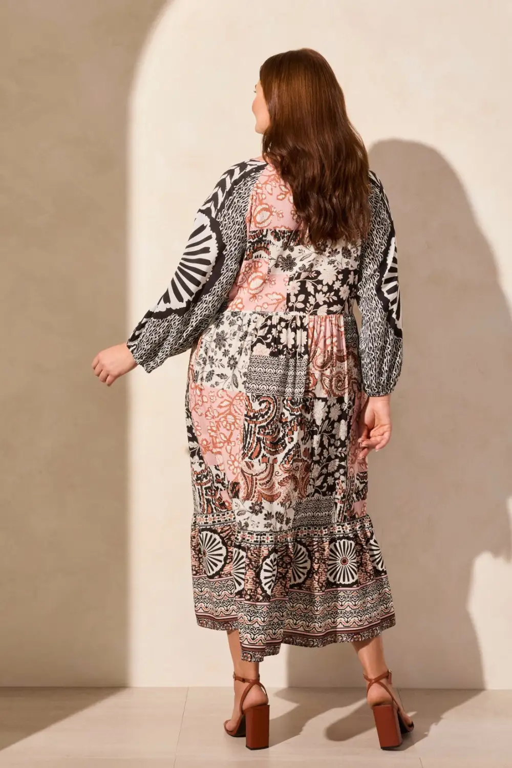 Long Raglan Sleeve Poplin V-Neck Dress-Desertsand