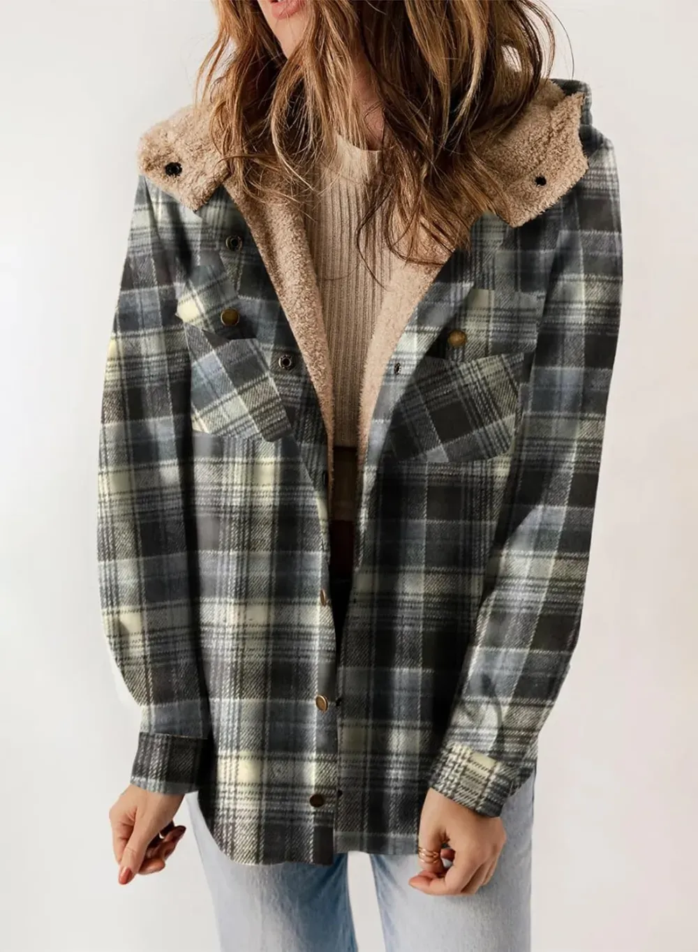 Womens Plaid Shacket Jacket Long Sleeve Button Down Fleece Hooded Jackets Warm Coat