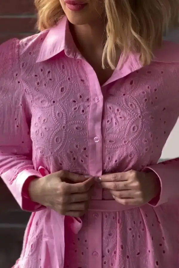 Women's casual hollow fabric pleated belted shirt dress